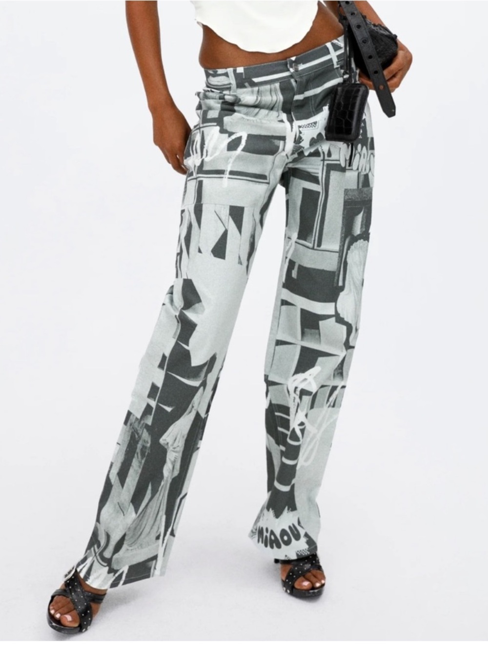 Miaou Fargo Pants in Stone Grey Print Small Streetwear Pop Art Graffiti Hipster